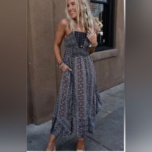 DAVI & DANI Boho Maxi Dress in Black, Blue, and Cream